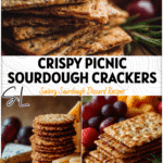 Crispy Sourdough Crackers for Summer Picnics 5 Golden sourdough crackers stacked beside cheese and fruit, showcasing a simple Sourdough Crackers Recipe.