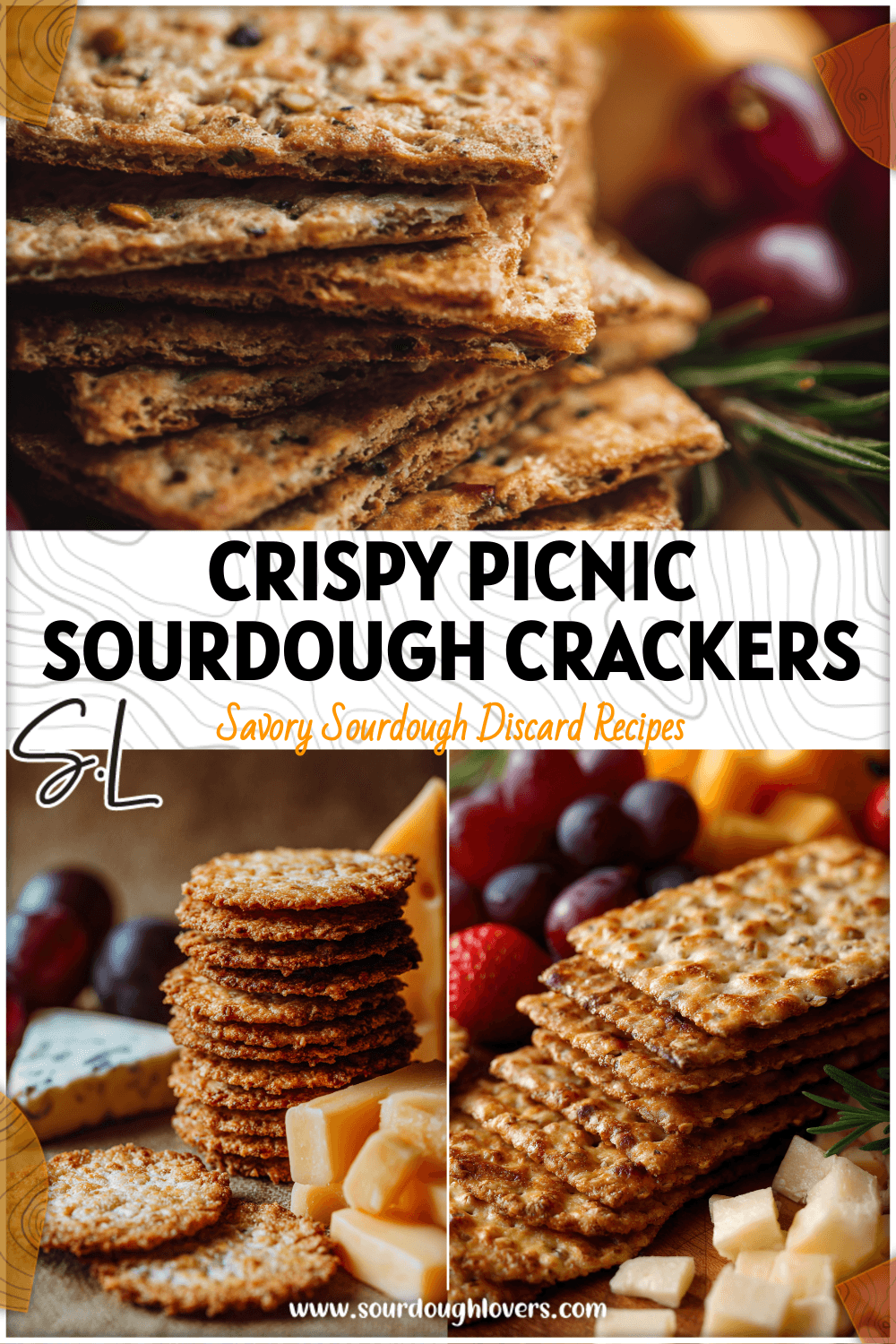 Golden sourdough crackers stacked beside cheese and fruit, showcasing a simple Sourdough Crackers Recipe.