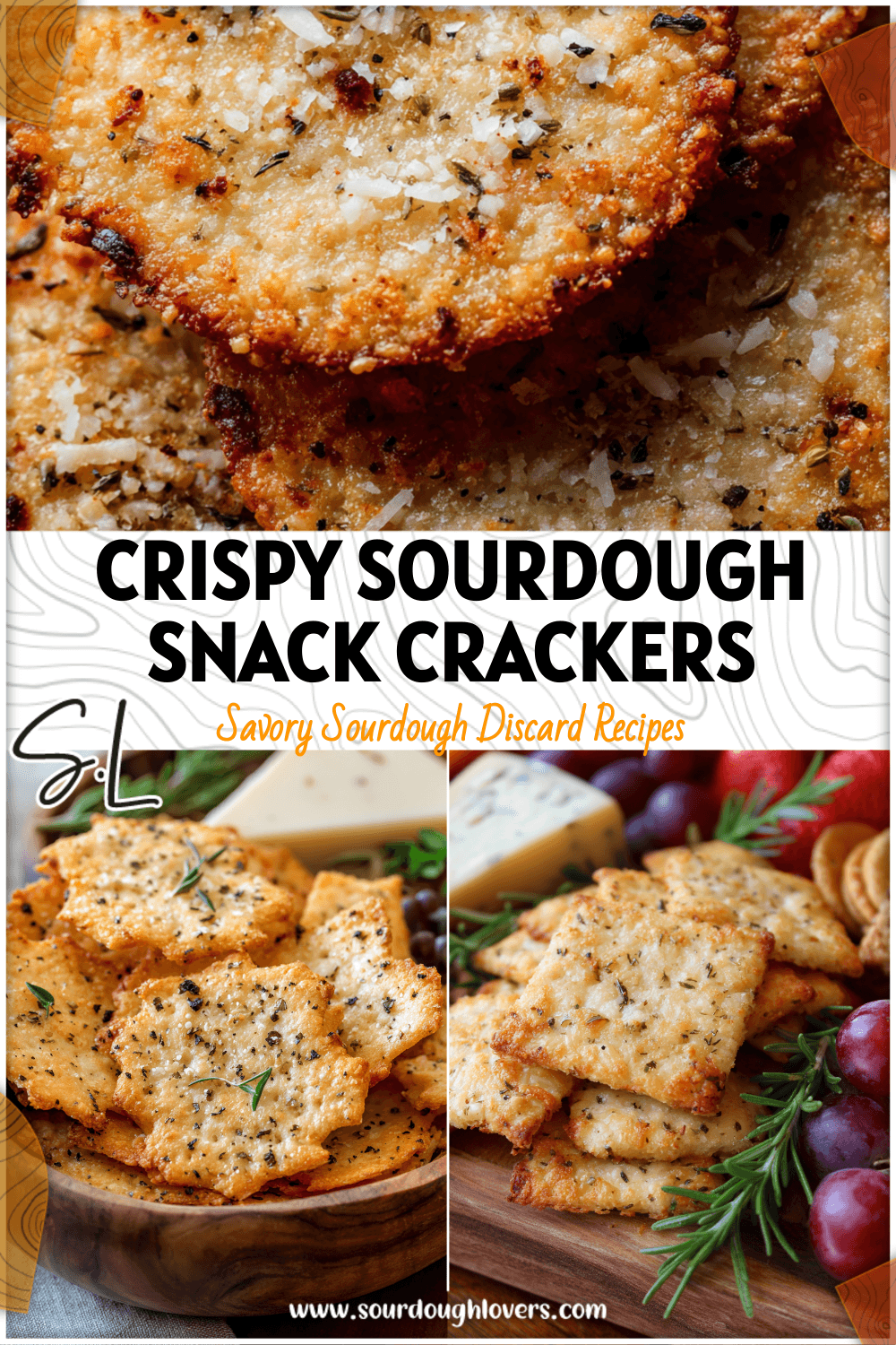 Golden baked sourdough Parmesan crackers on a charcuterie board with cheese and fruit.