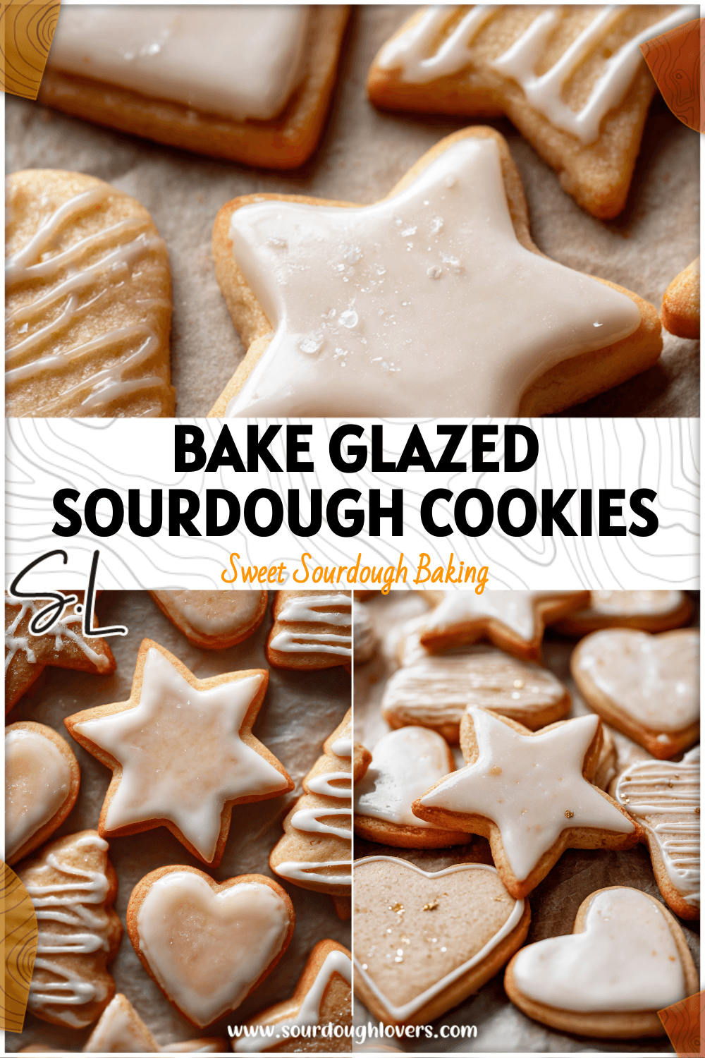 Decorated Sour Dough Discard Cookies shaped as stars and hearts glazed with white icing.