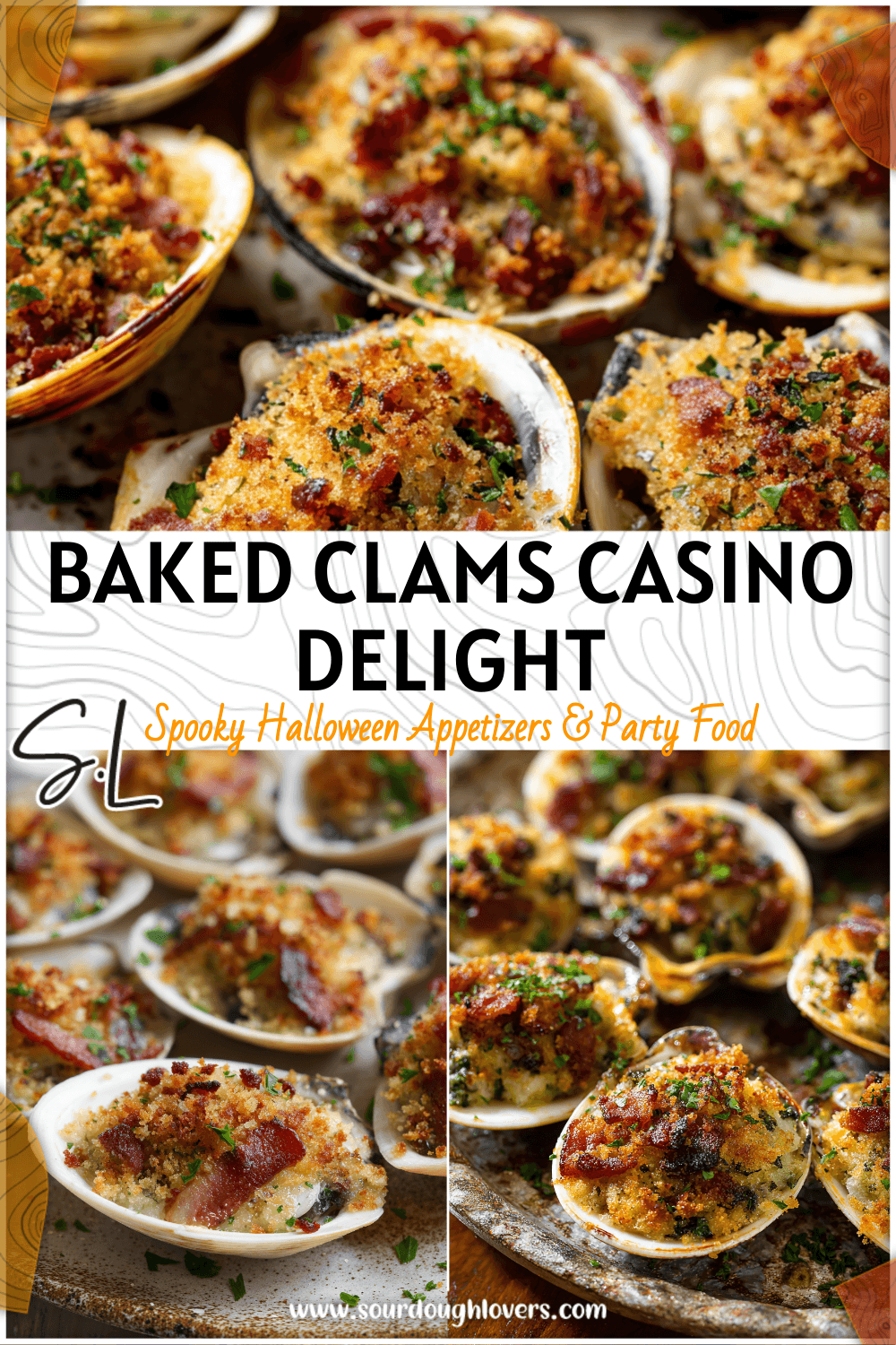 Golden baked Clams Casino topped with bacon, herbs, and breadcrumbs on a rustic plate
