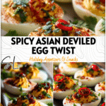 A platter of spicy deviled eggs garnished with chili and herbs inspired by Asian Boiled Eggs.