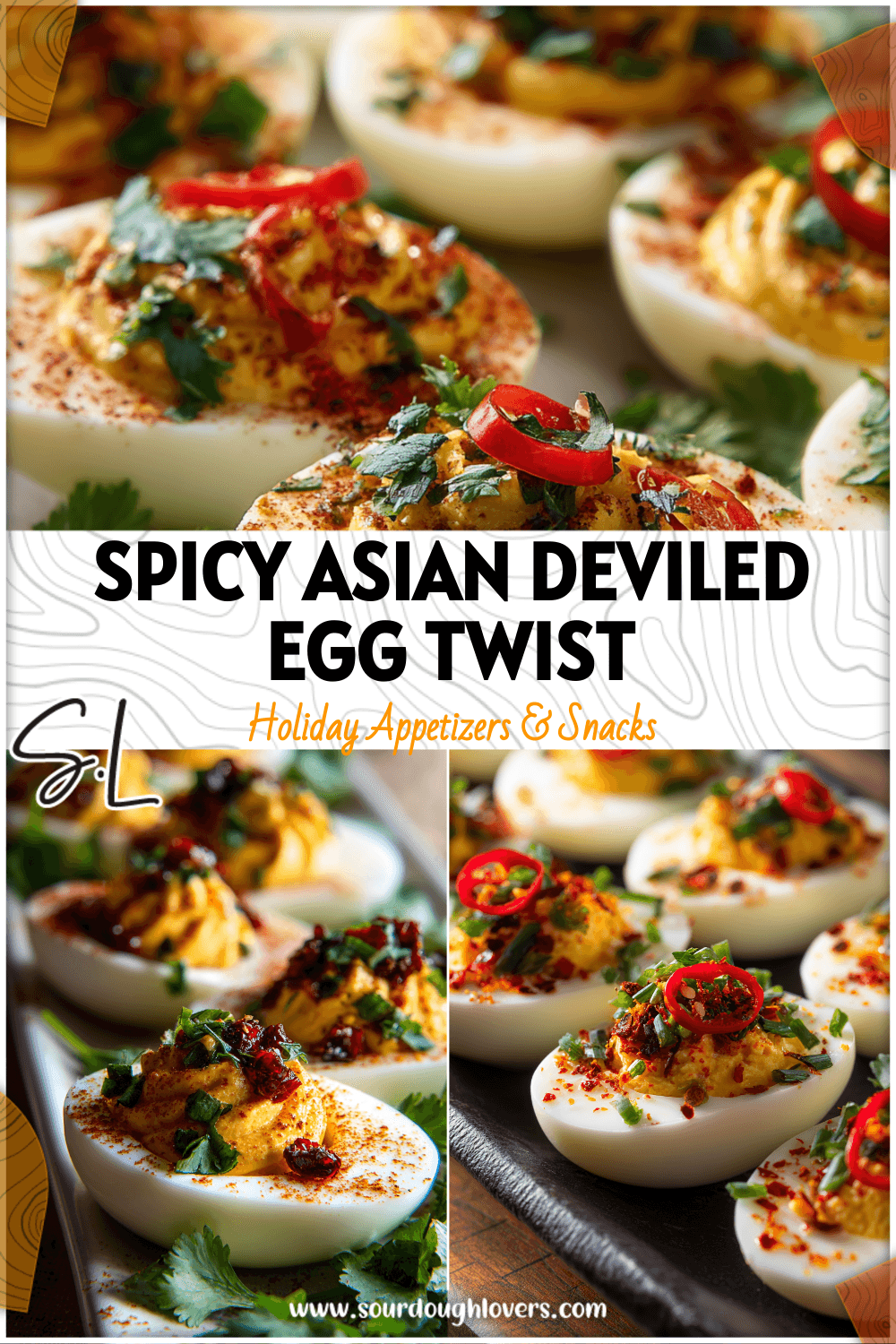 A platter of spicy deviled eggs garnished with chili and herbs inspired by Asian Boiled Eggs.