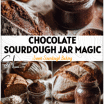 Holiday jar of Double Chocolate Sourdough Mix surrounded by bread flour and cocoa on a rustic table