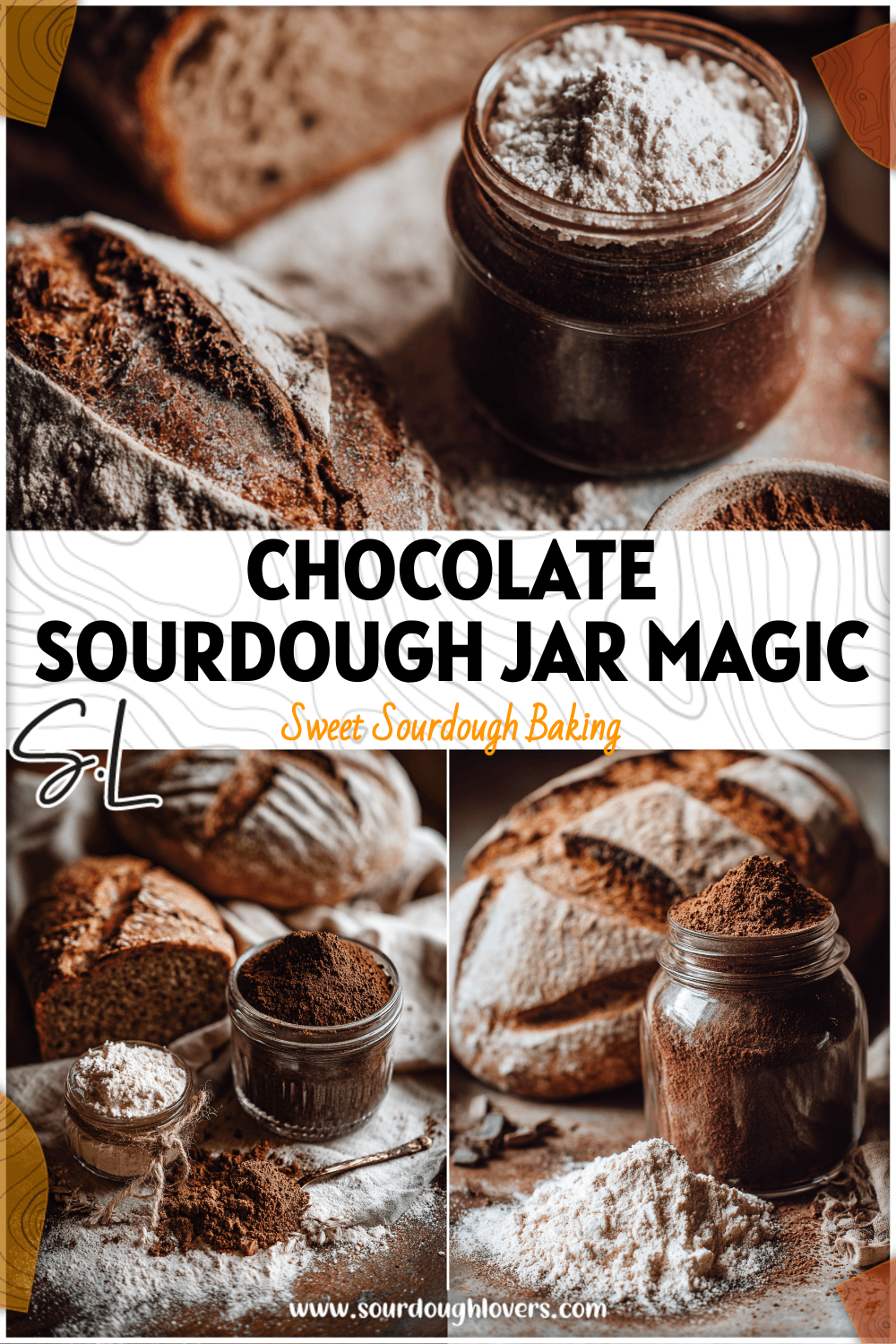 Holiday jar of Double Chocolate Sourdough Mix surrounded by bread flour and cocoa on a rustic table