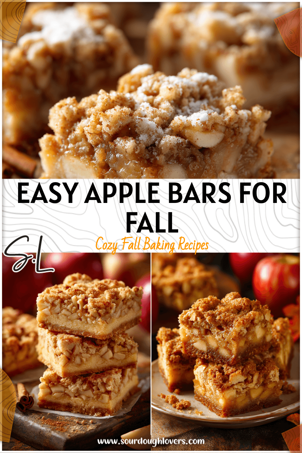 Golden baked apple bars made with cake mix and spiced topping on a rustic fall table