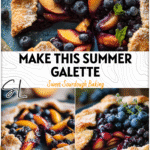 Rustic blueberry peach galette with ginger and frangipane filling served on a blue plate.