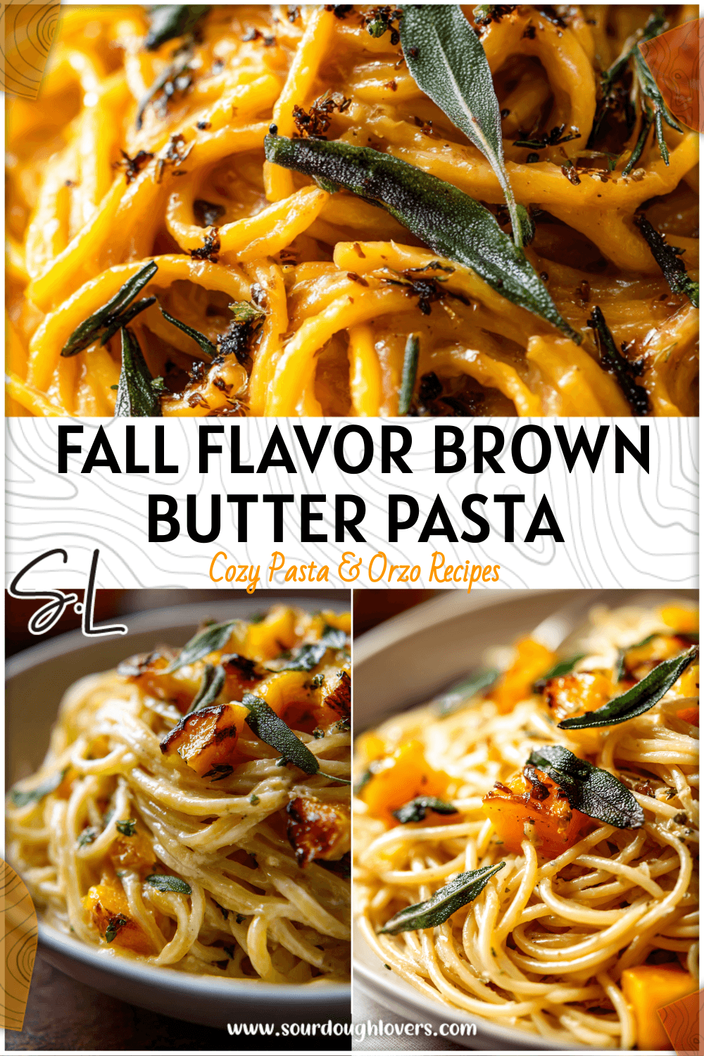 Close-up of creamy butternut squash and pasta topped with sage brown butter and crispy herbs