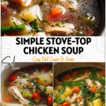 Pot of chicken potato soup simmering on the stove top with vegetables and herbs in view.