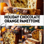 Easy Chocolate Orange Sourdough Panettone For Christmas 5 Freshly sliced chocolate orange sourdough panettone with candied peel on a festive holiday table.