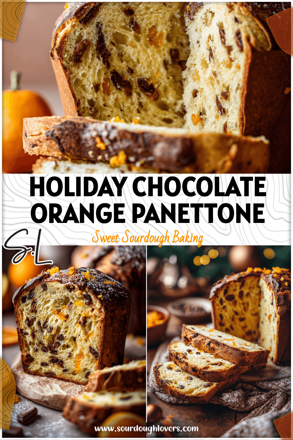 Freshly sliced chocolate orange sourdough panettone with candied peel on a festive holiday table.