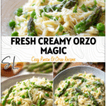 Plate of creamy Parmesan orzo with peas and asparagus garnished with cheese in a bright kitchen setting.