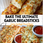 Fresh baked cheesy garlic breadsticks with marinara dipping sauce on a white plate.