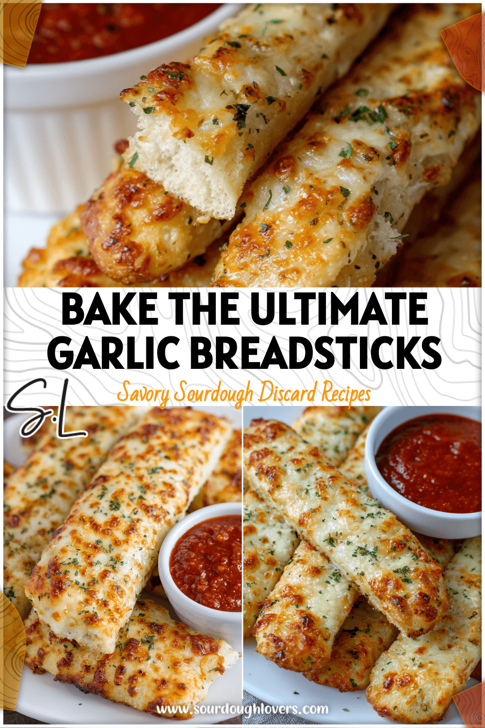 Fresh baked cheesy garlic breadsticks with marinara dipping sauce on a white plate.
