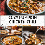 A bowl of hearty Easy Pumpkin Chicken Chili topped with herbs and served with a spoon on a rustic table.