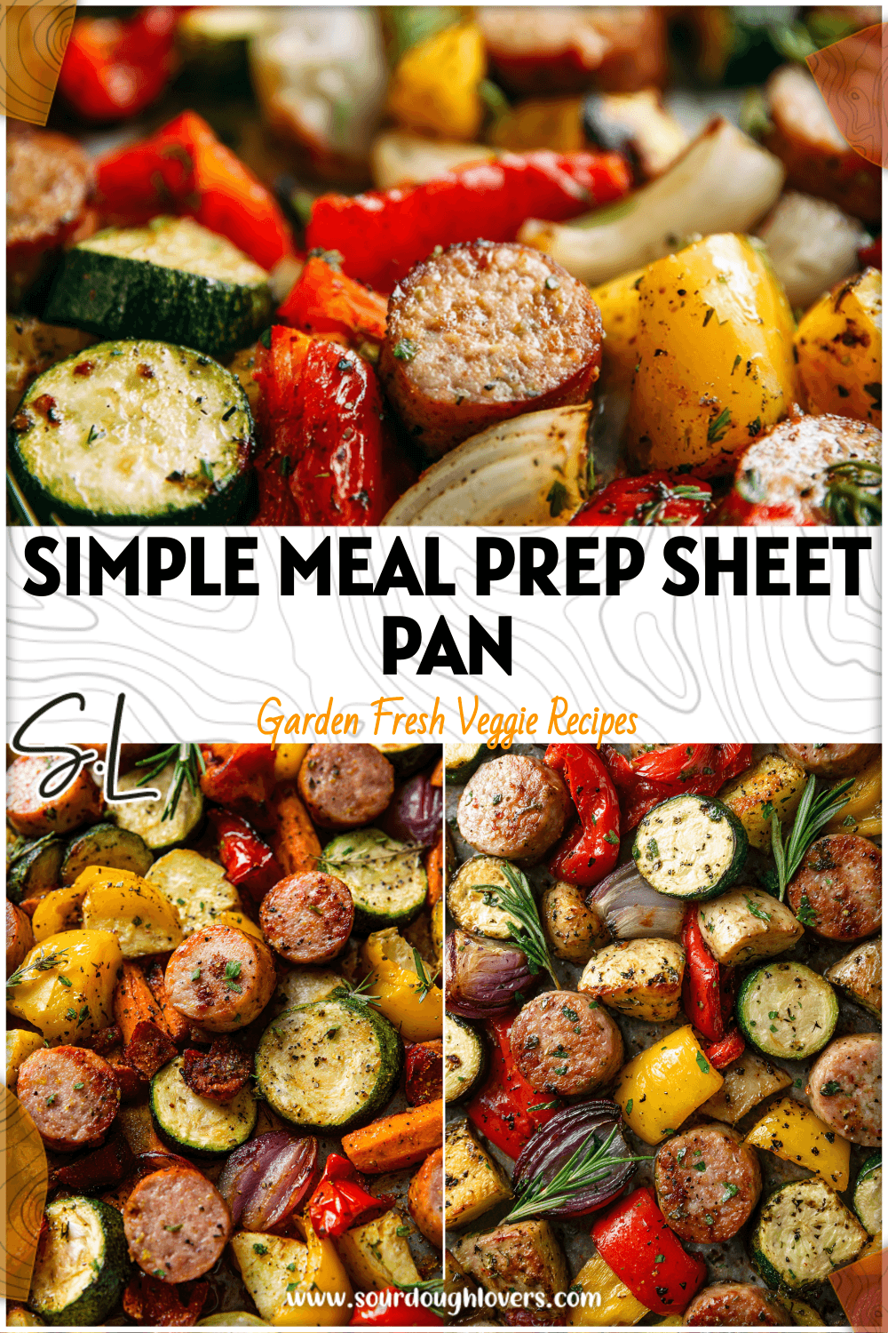 Colorful roasted vegetables, chicken sausage slices, and turkey sausage arranged on a baking sheet