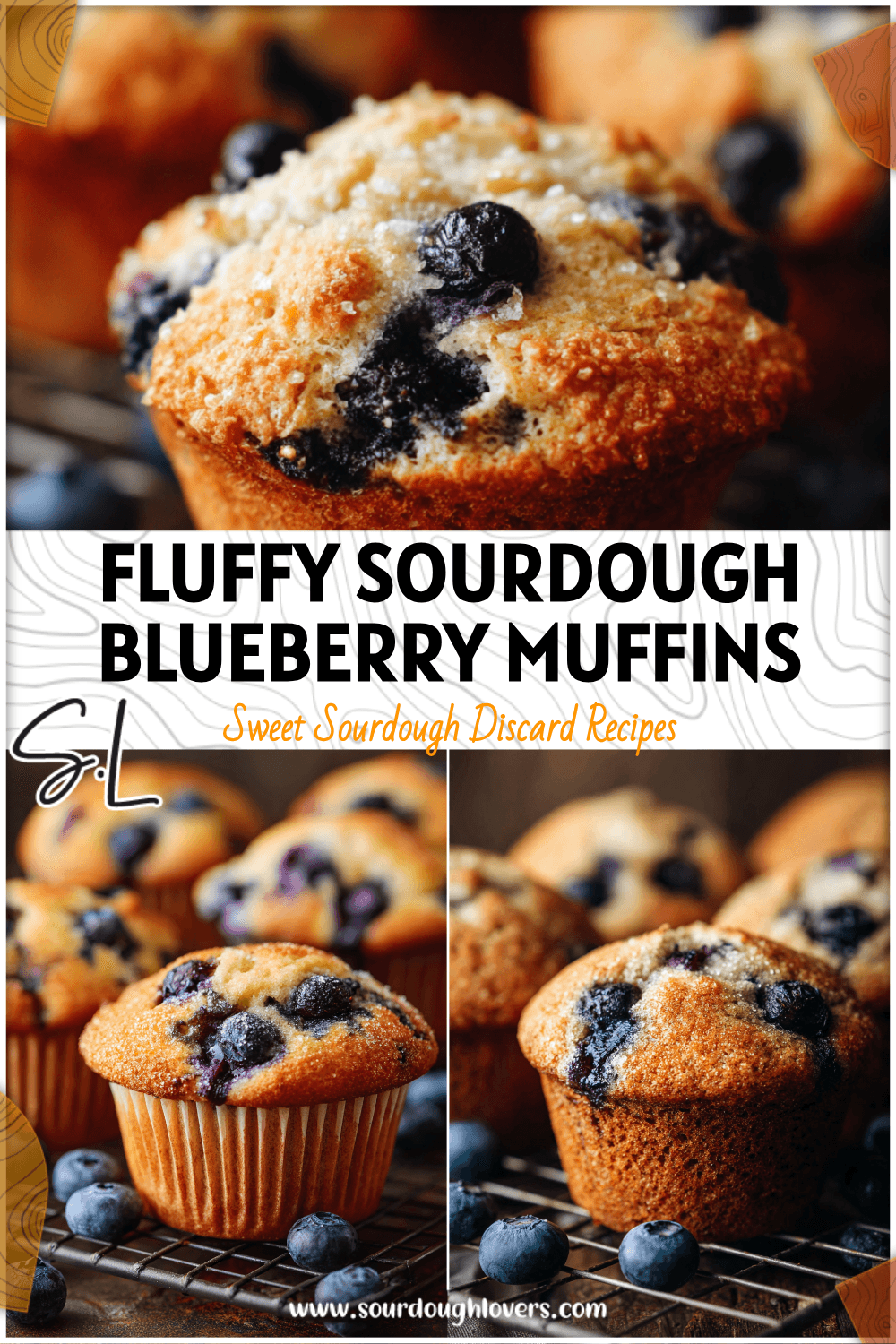 Golden Easy Sourdough Blueberry Muffins packed with fresh blueberries and sourdough starter discard on a cooling rack.