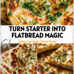 Close-up of soft golden sourdough flatbread cooked from sourdough starter discard and topped with fresh herbs