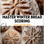 Rustic sourdough loaf scored with an elegant snowflake pattern and dusted lightly with flour.