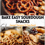 Tray of golden Sourdough Pretzel Crackers and Savory Sourdough Crackers served on a charcuterie board with dips.