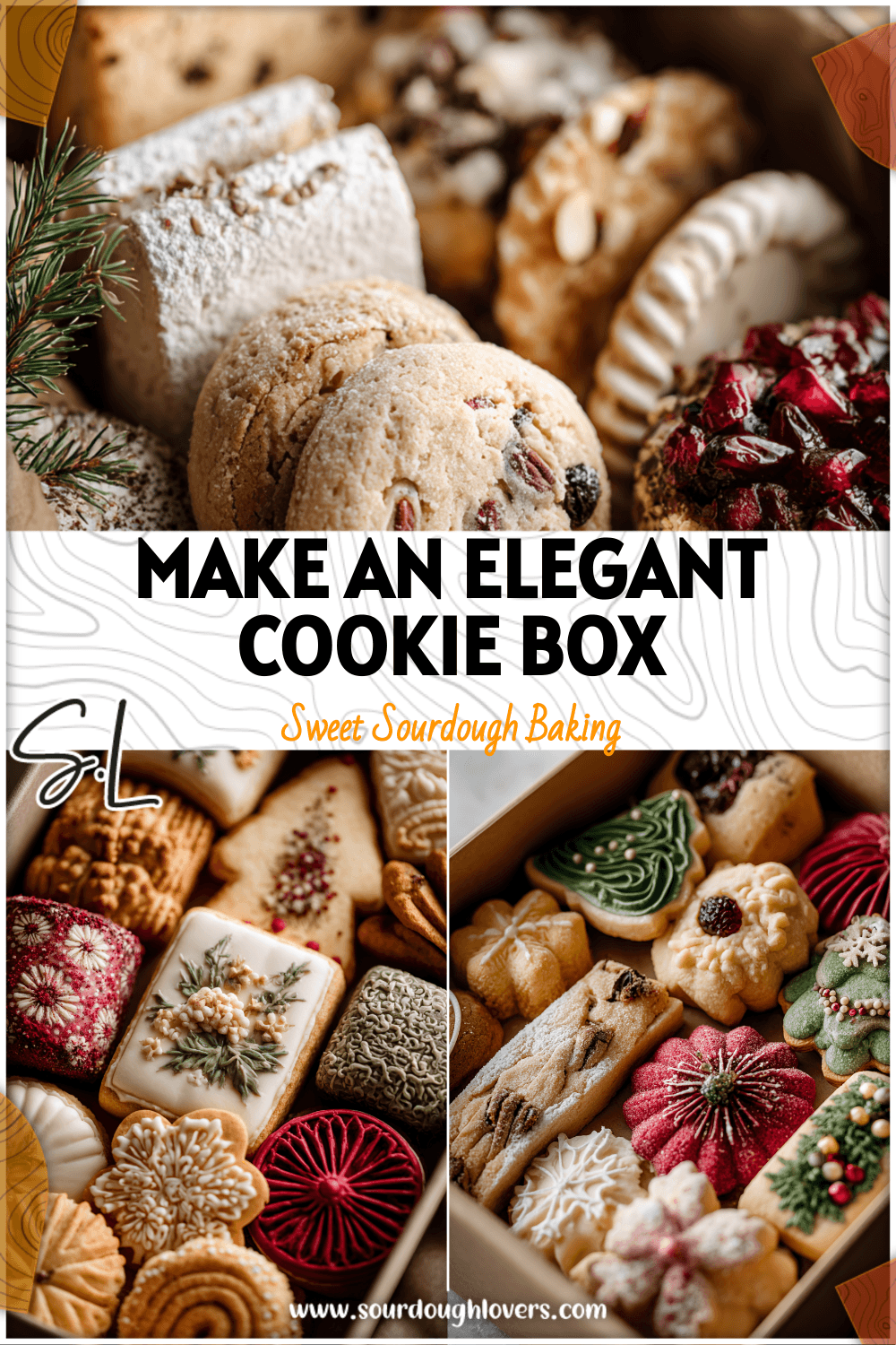 Elegant holiday cookie box featuring sourdough treats with festive Christmas cookie box aesthetic.