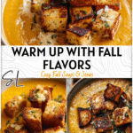 Golden fall soup with butternut squash, melted cheddar, and crisp grilled cheese croutons.
