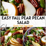 Bowl of Fall Pear Pecan Salad with pear slices, roasted pecans, and leafy greens arranged beautifully.