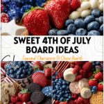 A 4th Of July Dessert Board styled with red, white, and blue sweets, fruits, and festive decorations.