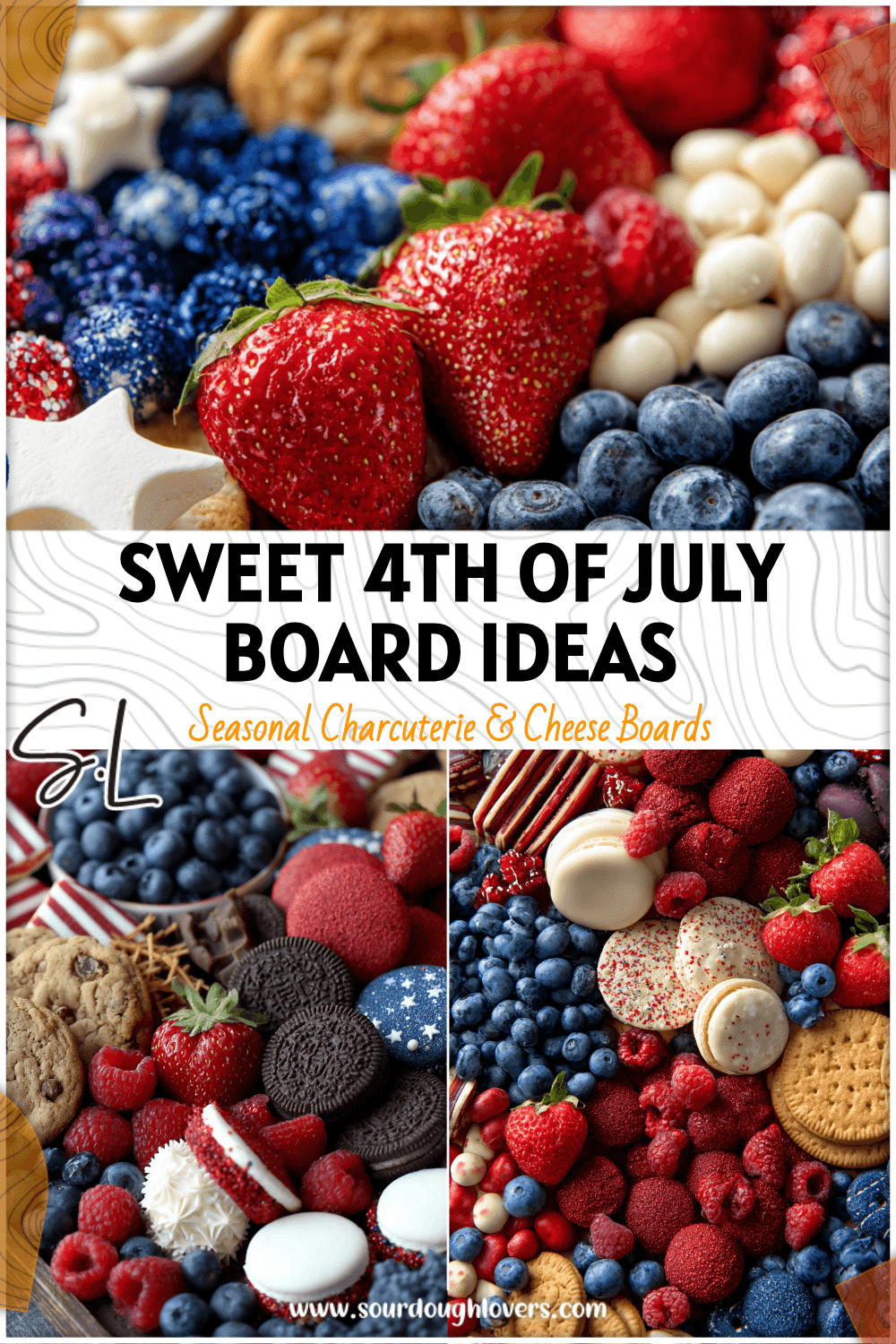 A 4th Of July Dessert Board styled with red, white, and blue sweets, fruits, and festive decorations.