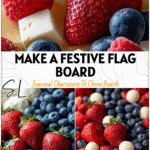 Festive 4th of July Fruit Flag Board Ideas 5 Red, white, and blue American Flag Fruit Platter with strawberries, blueberries, and cheese arranged like a flag.