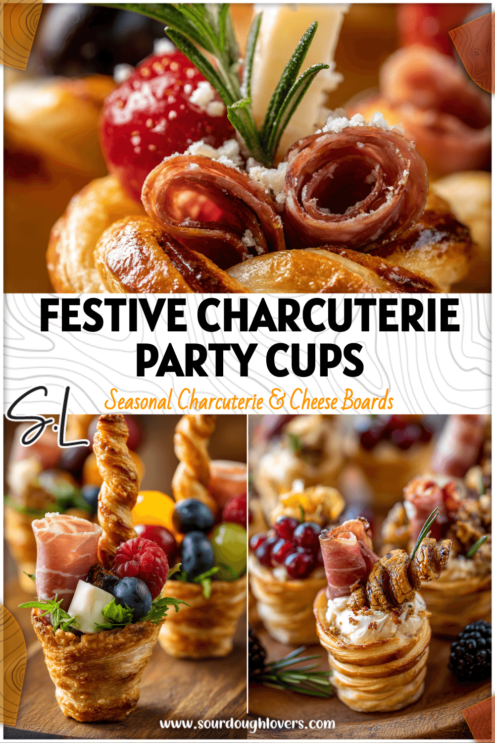 Close-up of festive individual charcuterie cups with cheese twists, meats, and colorful fruits for party platters.