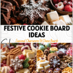 Festive Christmas cookie charcuterie board with assorted holiday treats and colorful decorations.
