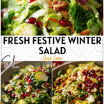 Colorful cold brussel sprout and winter harvest salad garnished with pomegranate and nuts.