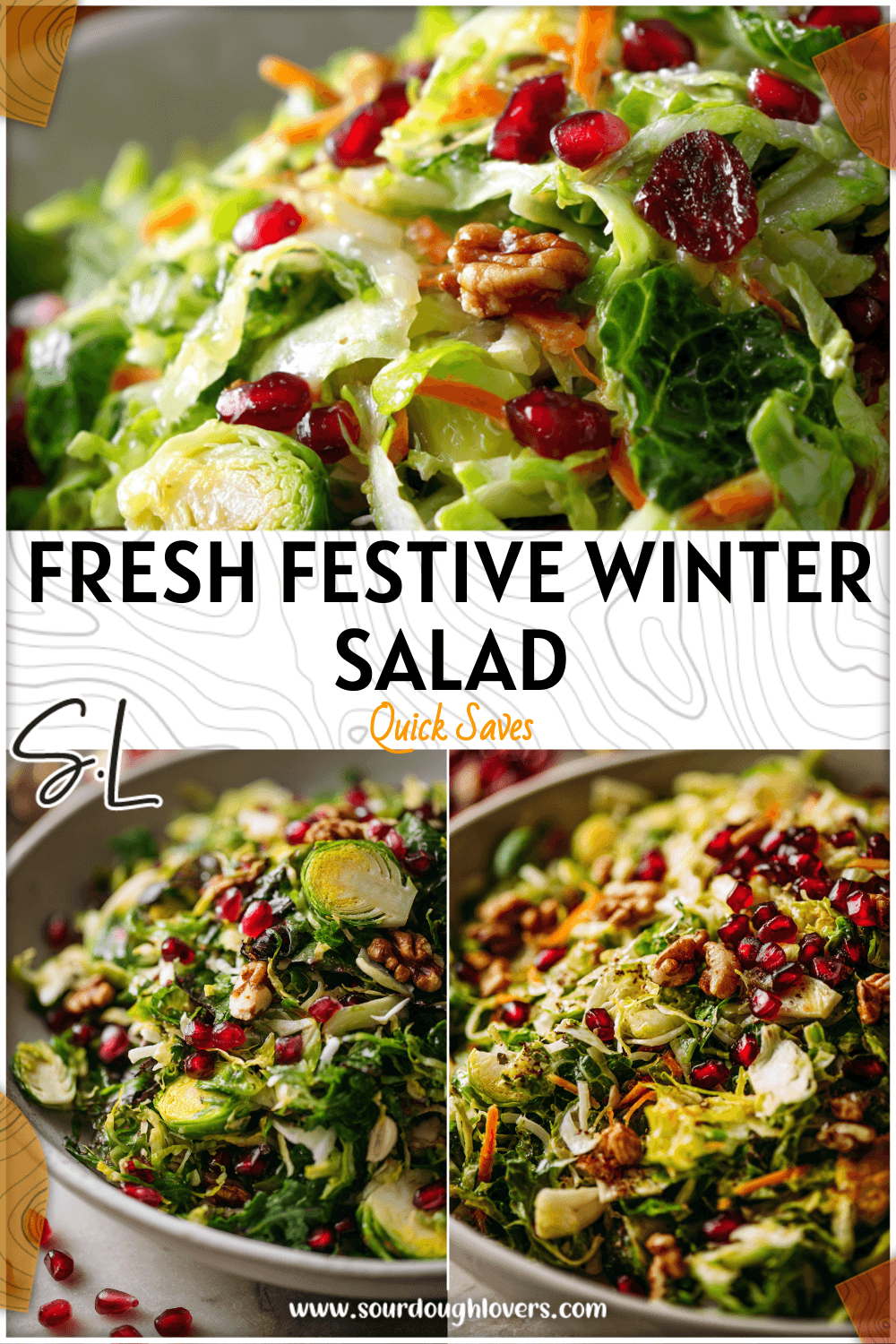 Colorful cold brussel sprout and winter harvest salad garnished with pomegranate and nuts.