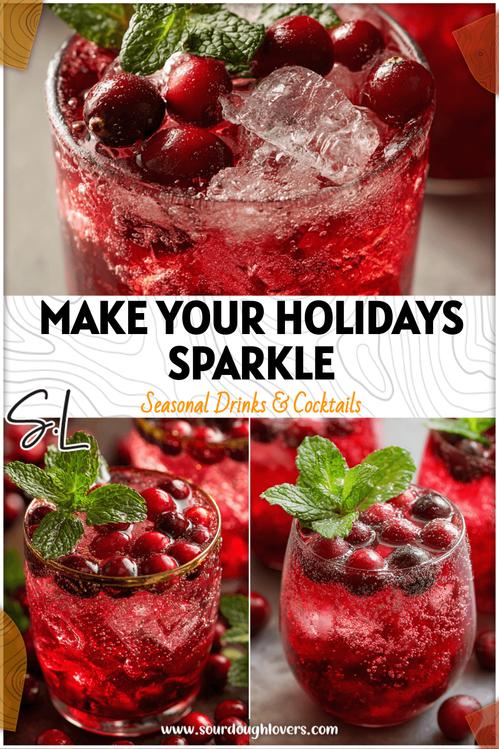 Festive cranberry mocktail topped with fresh cranberries and mint sprigs for Christmas Party Mock Tails and Nye Mocktails.