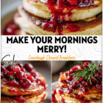 Festive sourdough eggnog pancakes stacked high with cranberry syrup glistening over the top.