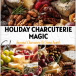 Festive holiday charcuterie board with cheeses, fruits, and snacks styled as Christmas Party Boards Food.