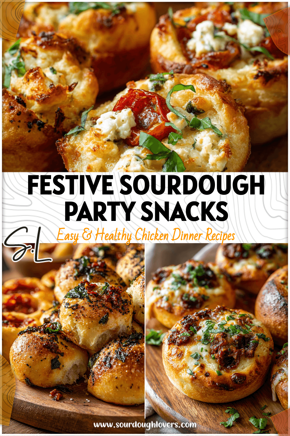 Golden baked sourdough bites and mini pizza buns served on a wooden board for tailgate food.