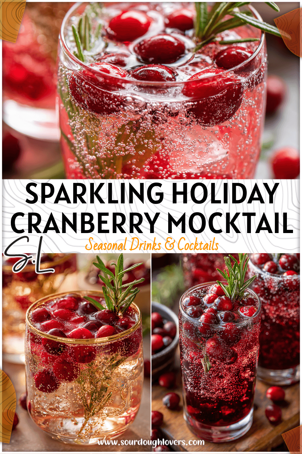 A sparkling cranberry mocktail with fresh rosemary and cranberries, perfect for Fun Christmas Mocktails and Nye Mocktails.