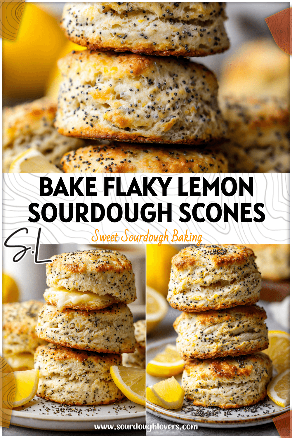 Golden flaky Lemon Poppy Seed Scones stacked on a plate with lemon slices and poppy seeds scattered around.