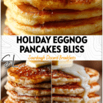 A tall stack of fluffy eggnog sourdough pancakes topped with butter and drizzled in homemade vanilla syrup.