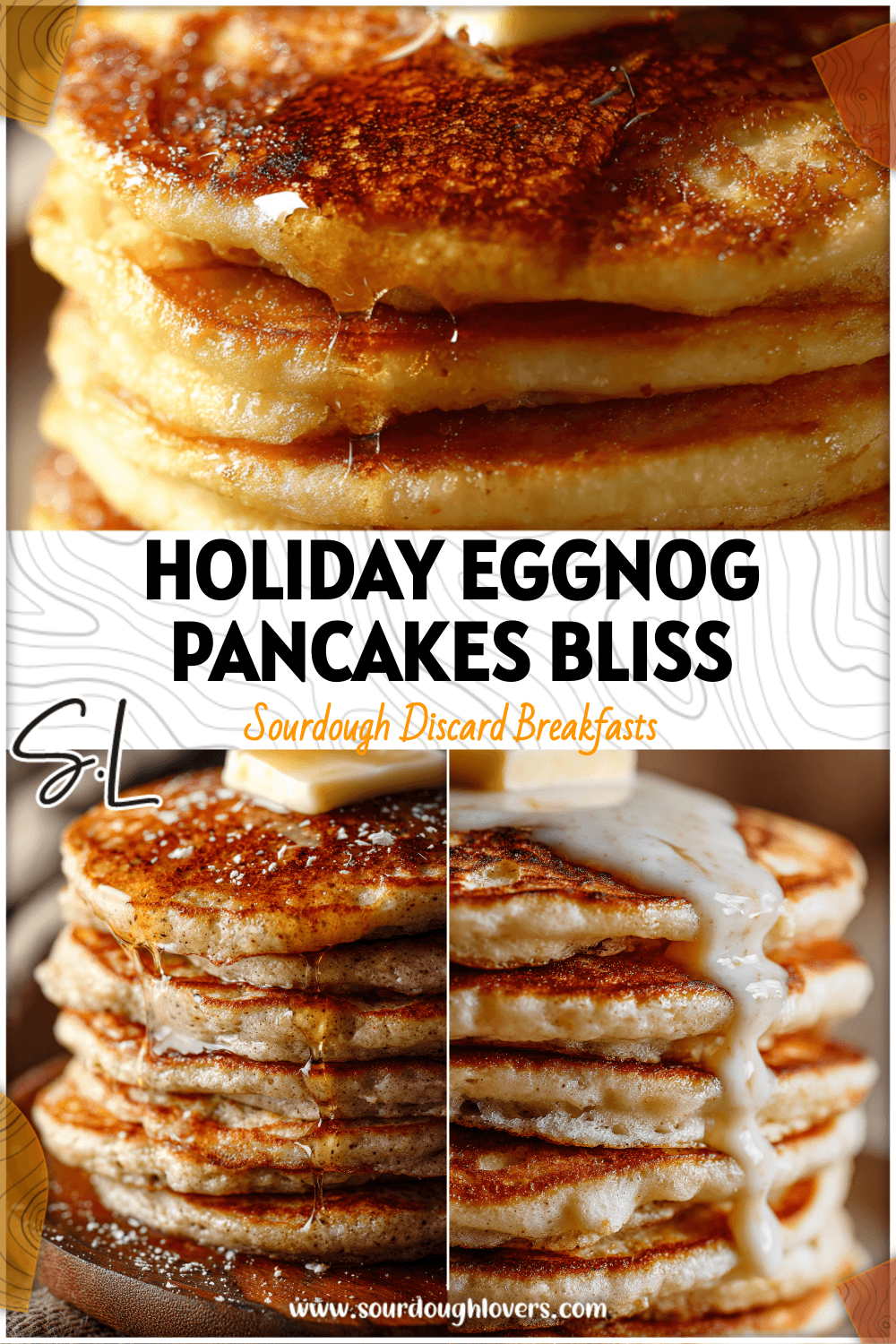A tall stack of fluffy eggnog sourdough pancakes topped with butter and drizzled in homemade vanilla syrup.