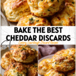 Close-up of fluffy golden Discard Cheddar Biscuits with herbs on a farmhouse plate.