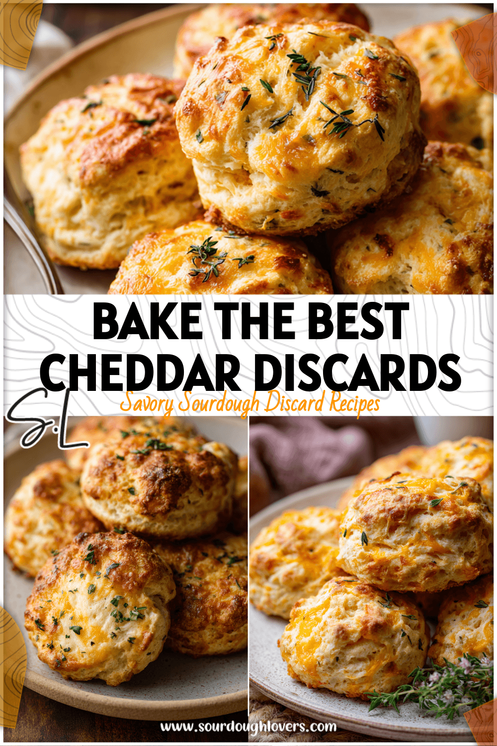 Close-up of fluffy golden Discard Cheddar Biscuits with herbs on a farmhouse plate.