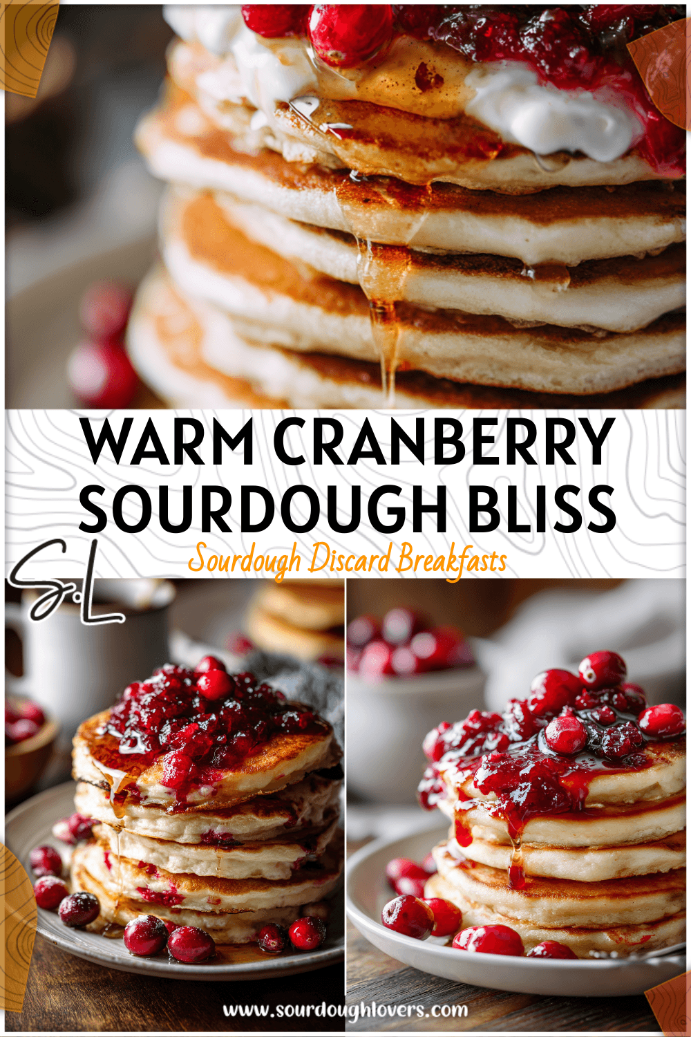 Stack of cranberry sauce pancakes topped with warm syrup and fresh cranberries on a holiday table.