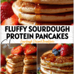 Stack of golden sourdough protein pancakes made from sourdough discard topped with fresh fruit and syrup