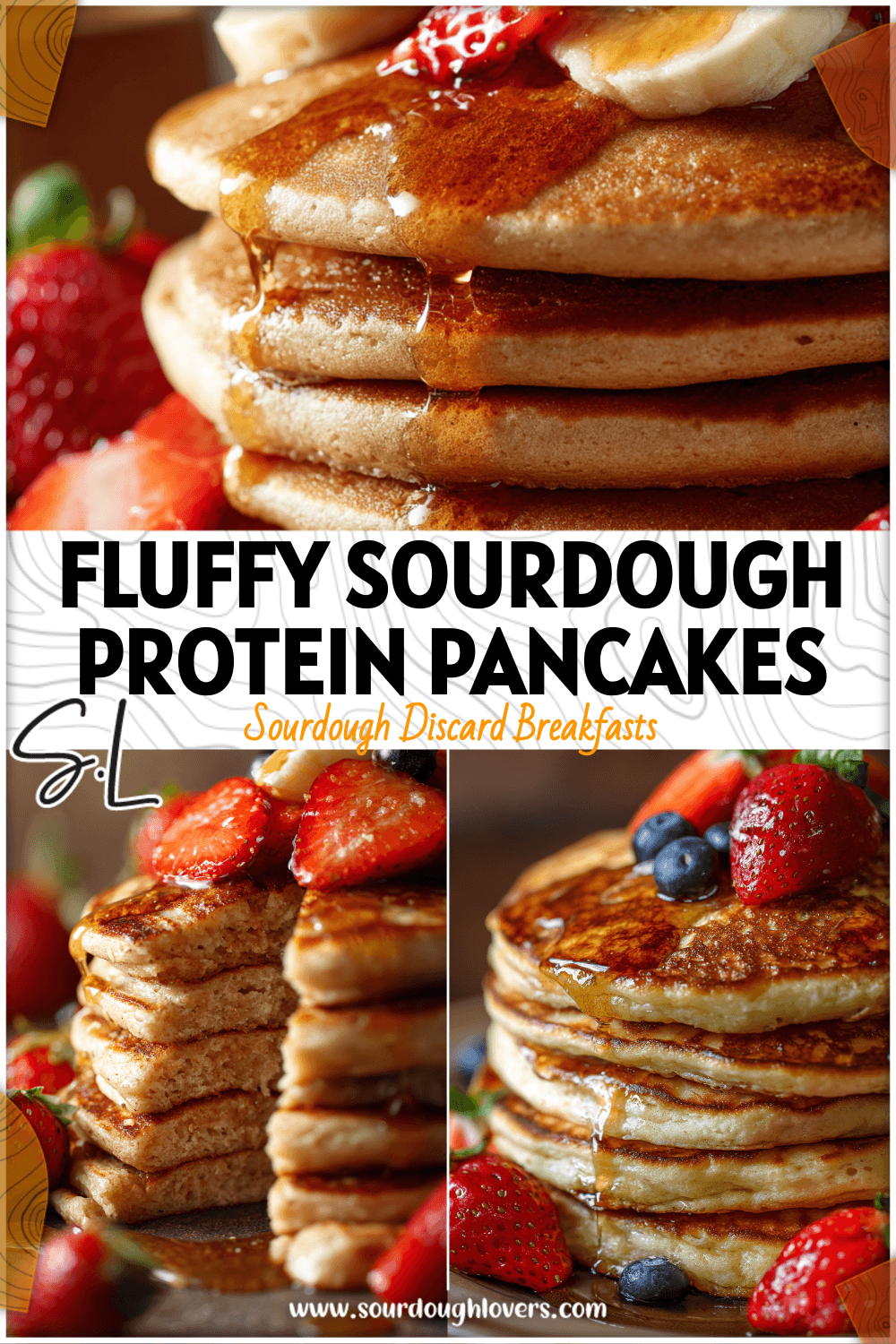 Stack of golden sourdough protein pancakes made from sourdough discard topped with fresh fruit and syrup
