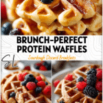 Fluffy Sourdough Protein Waffles Inspired by Kodiak Waffles 5 Plate of fluffy sourdough protein waffles inspired by Kodiak Waffles served with berries and honey drizzle