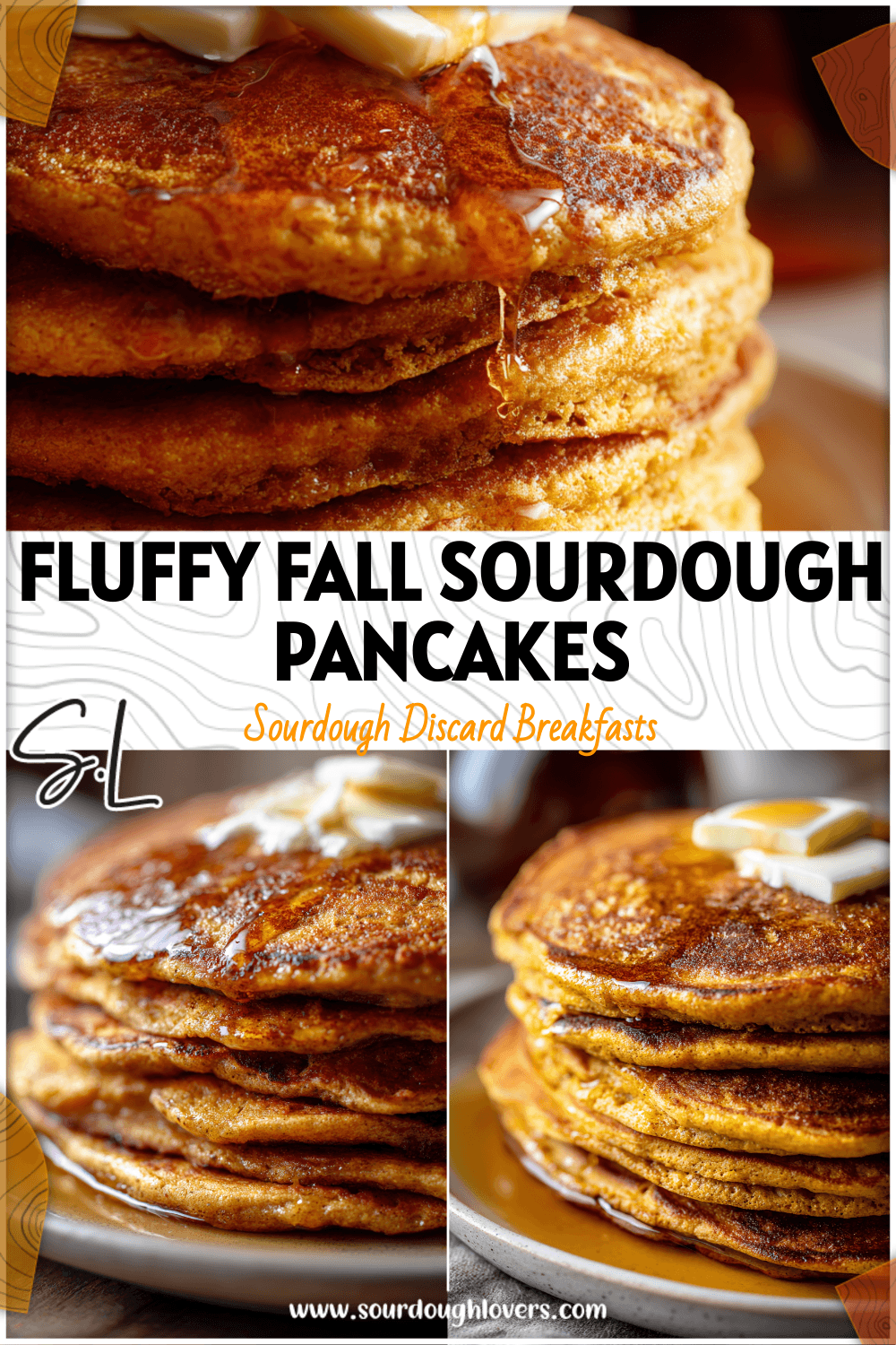 Stack of golden sourdough pumpkin spice pancakes topped with butter and syrup next to a Sourdough Starter jar.