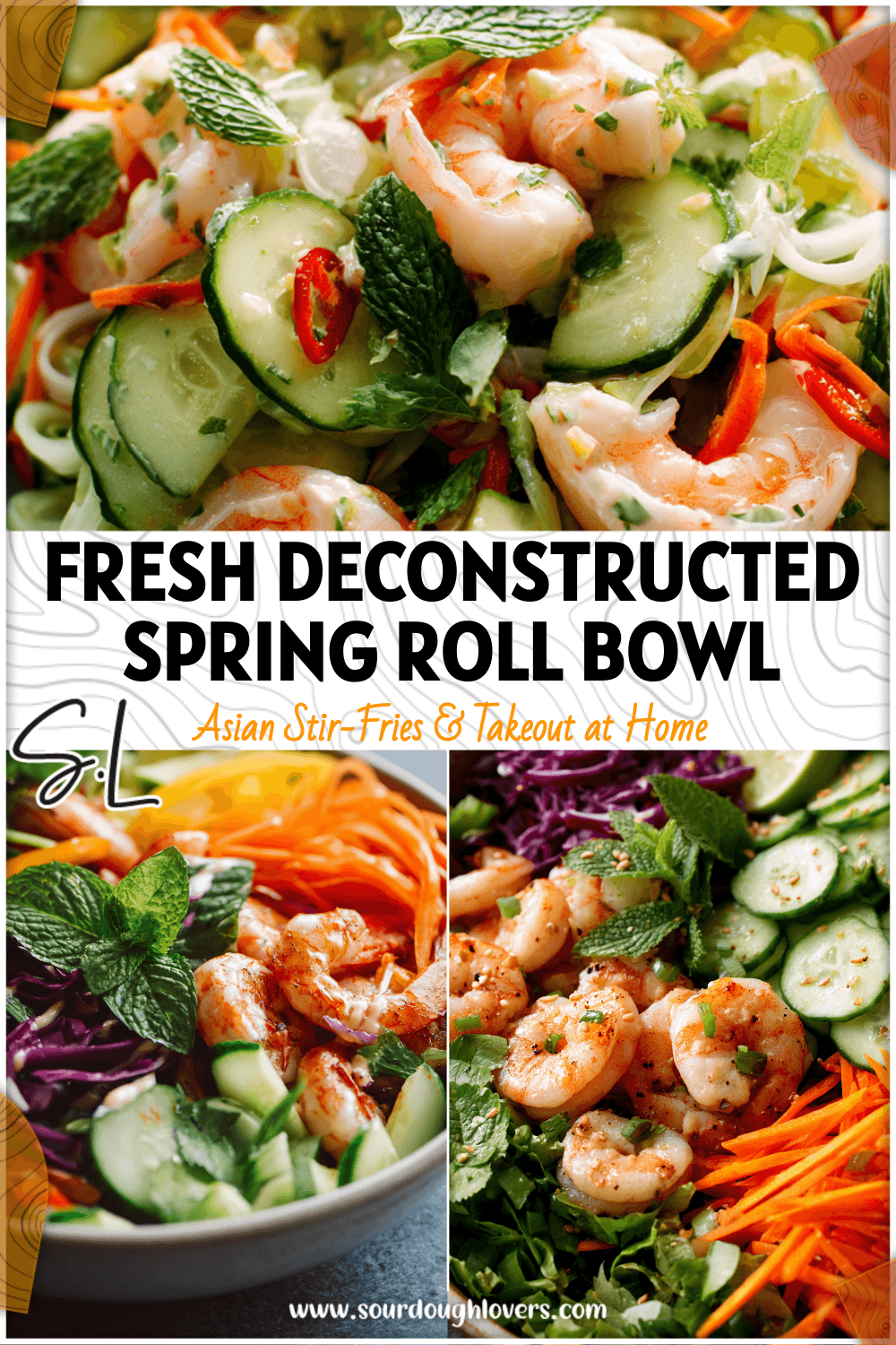 Colorful Deconstructed Spring Roll Bowl with shrimp, crunchy vegetables, and creamy dressing in a bright salad bowl.